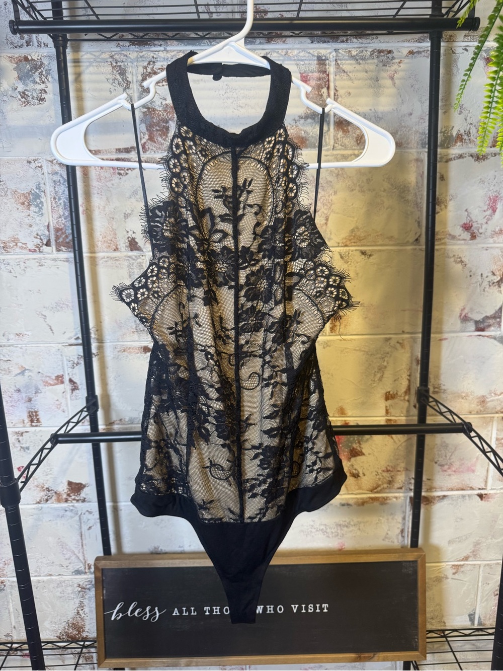 Luxxel Black Lace Bodysuit with Nude Lining